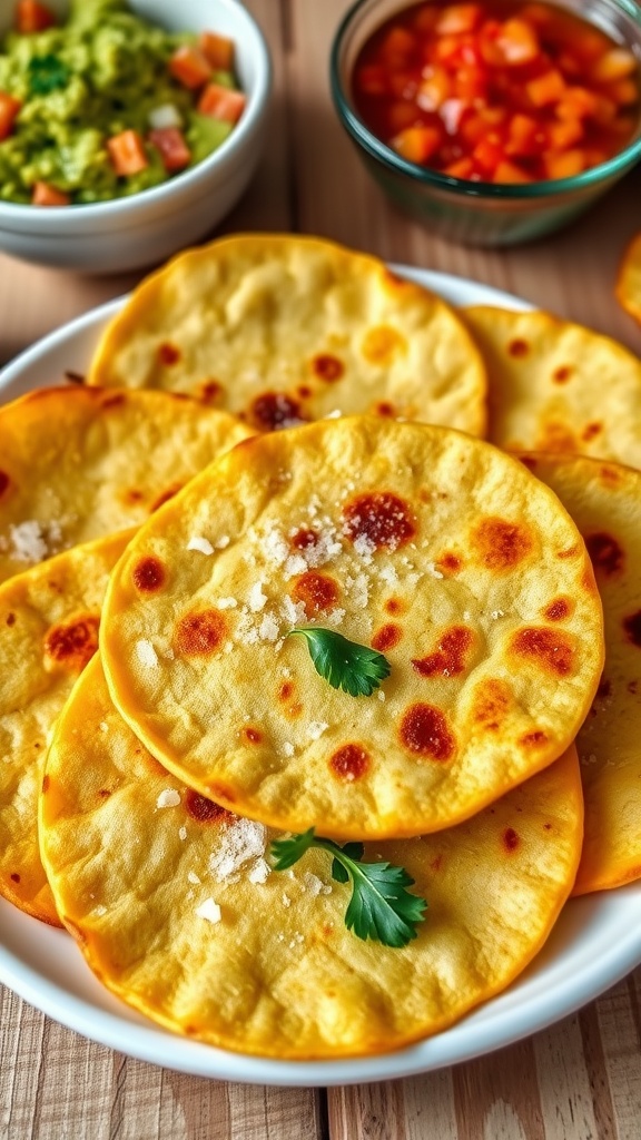 Crispy oven-baked tortillas on a plate with fresh herbs, served with salsa and guacamole.